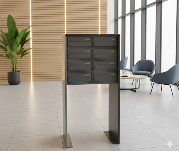 Modular bank of fire rated mailboxes in an apartment block